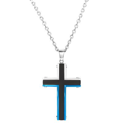 Kette mit Anhänger FIRETTI "Schmuck Geschenk Kreuz", bunt (edelstahlfarben, schwarz, blau), Halsketten, Herren, Edelstahl, L: 55 B: 3mm, B:3mm
