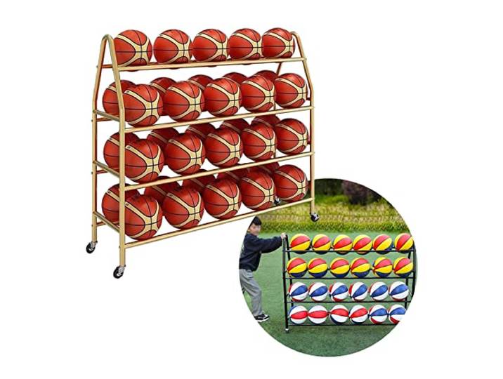 Basketbal Aufbewahrungsregal 4-stöckiges Ball Halter Freistehend Mit Rollen Ball-Aufbewahrungsregal Platzsparend Basketball Ballregal Für Rugby Volleyball Fußball(Gold,123CM)