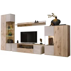 WOHNWAND Eiche, Kaschmir 4-teilig 350 cm, Schrankwand inklusive Beleuchtung