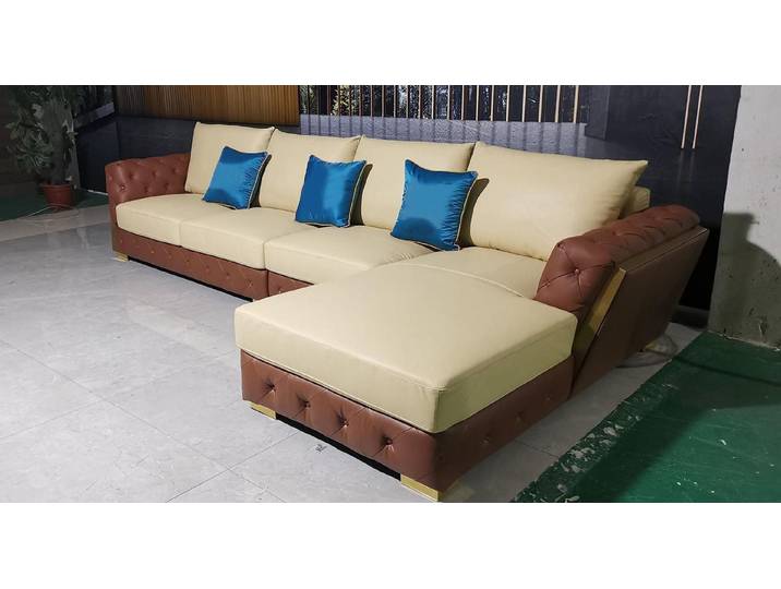 JVmoebel Ecksofa Beige Leder-Eckcouch mit goldenen Edelstahlfüßen, Made in Europa