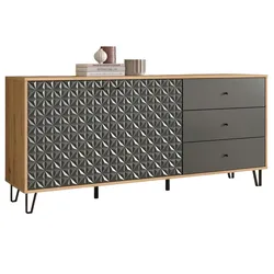 SIDEBOARD grau, Eiche Artisan 169 x 76 cm, Kommode mit 3D-Struktur