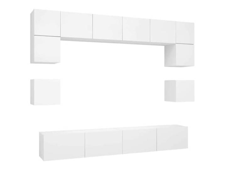 Foknhdi 8-TLG TV-Schrank Set Hängend Weiß Holzwerkstoff Flexible Wandmontage für Wohnzimmer und Schlafzimmer, schafft Ordnung und viel Stauraum mit pflegeleichter Oberfläche.