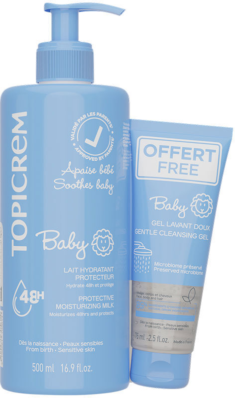 Topicrem Lait hydratant pour bébé 500 ml + gel nettoyant 75 ml (2 unités)