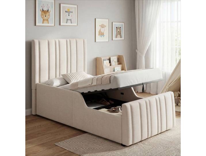 Luscriate - Lit coffre 90x200 cm Lit enfant Lit capitonné avec hydraulique et rangement lin pour enfant - beige