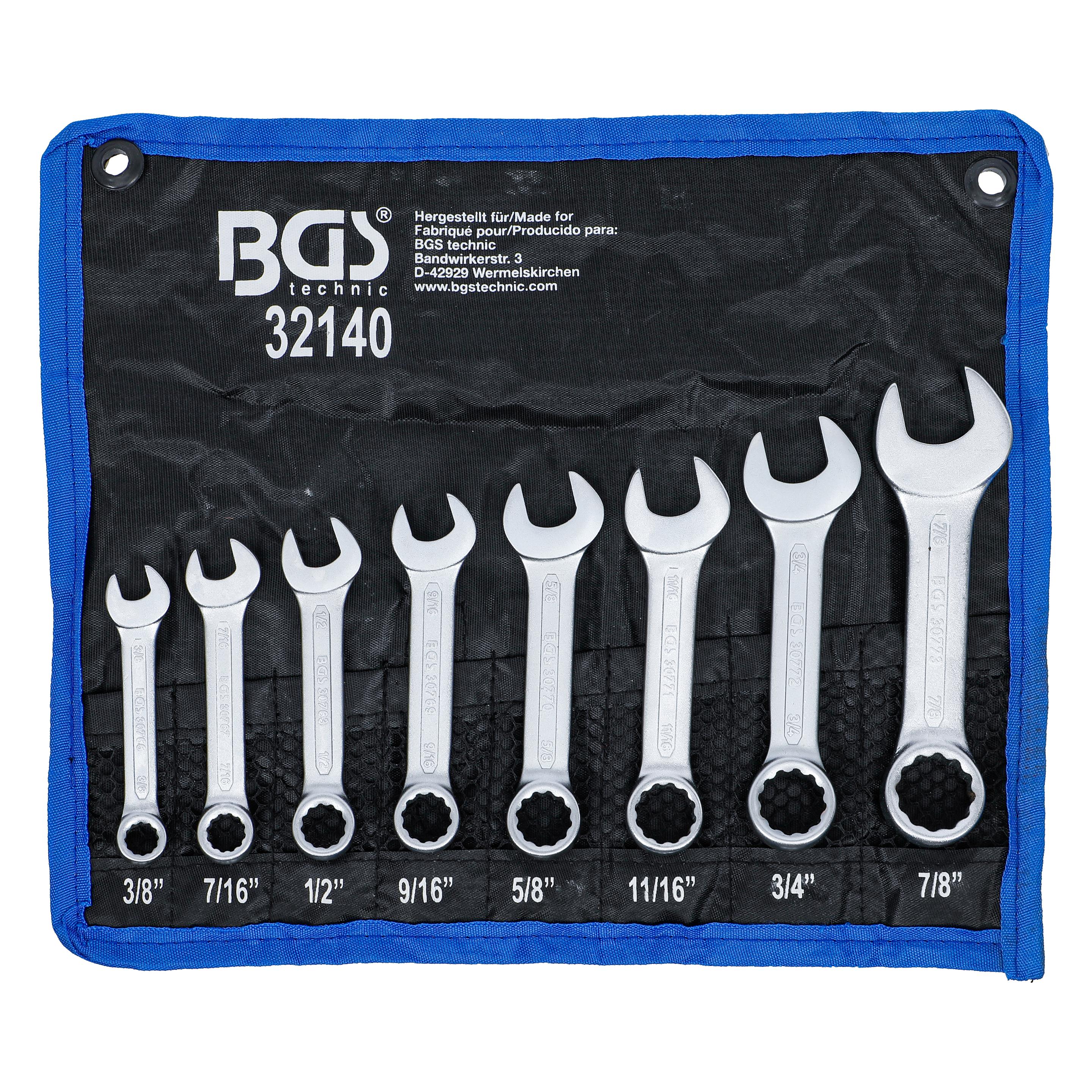 BGS Maul-Ringschlüssel-Satz | extra kurz | Zollgrössen | SW 3/8" - 7/8" | 8-tlg. (1/2", 11/16", 3/4", 3/8", 5/8", 7/16", 7/8", 9/16") (32140)