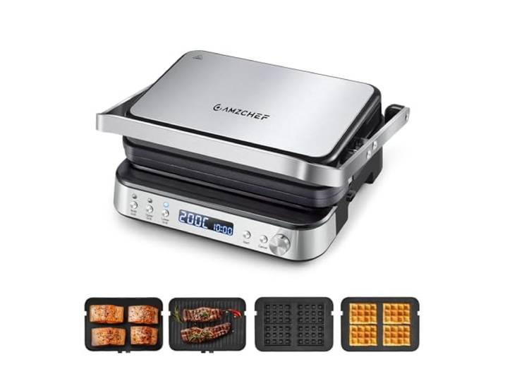 AMZCHEF Kontaktgrill XXL 2000W 4-in-1 Multifunktionsgrill mit Wechselplatten – Panini Grill, Waffeleisen & Sandwichmaker, 80–230°C Temperatur, Timer, 180° Tischgrill, Antihaft & Spülmaschinenfest