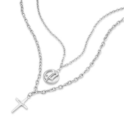 Kette mit Anhänger POLICE "Duality Kreuz Layering", silber (edelstahlfarben), Halsketten, Herren, Edelstahl, L: 45 55 B: 2,5mm, B:2,5mm