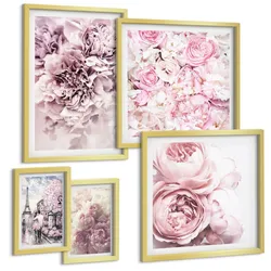 BILDER SET 5er Set - 50x50 cm & 20x30 cm & 40x60 cm Goldrahmen - Rosa Blumen, romantische Landschaft