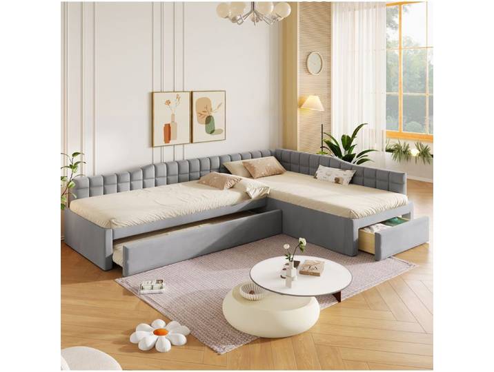 ROVRYN Lit d'angle rembourré 90 x 200 cm avec lit gigogne 90 x 190 cm tiroirs flanelle grise