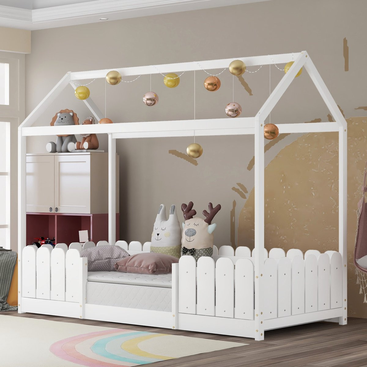 Sweiko Huisbed voor kinderen, houten kinderbed met valbescherming en lattenbod, Wit, 90 x 200 cm