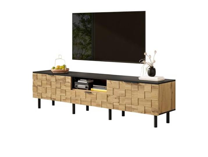 Ropilly TV-Lowboard 170 cm Holzoptik Natur und Schwarz mit Mosaik-Türen TV‑Schrank mit Mosaik‑Türen, Schublade und offenem Fach, stabile Spanplatte mit Metallfüßen.