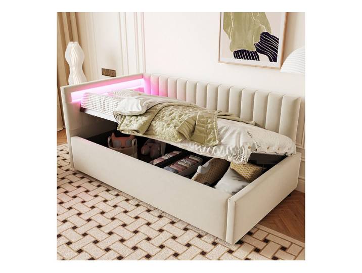 MODFU Schlafsofa Polsterbett mit LED-Beleuchtung, Kinderbett, Stauraumbett & flexibel positionierbarem Kopfteil, Jugendbett Daybett 90x200cm, ohne Matratze
