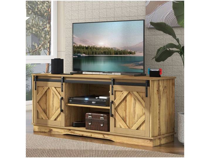 Meuble TV 150x40x60 cm EVRYAE - rangement avec portes coulissantes et étagères réglables pour TV jusqu à 65 pouces - Marron
