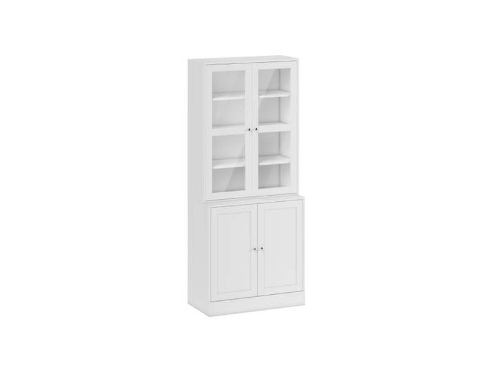 Modern glass-door bookcase with adjustable shelves display storage cabinet kitchen cabinet with small open countertop white finish