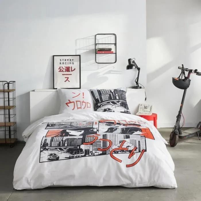 TODAY Bettenset JAVA voor tweepersoonsbed met Manga-print in wit katoen - 240 x 220 cm
