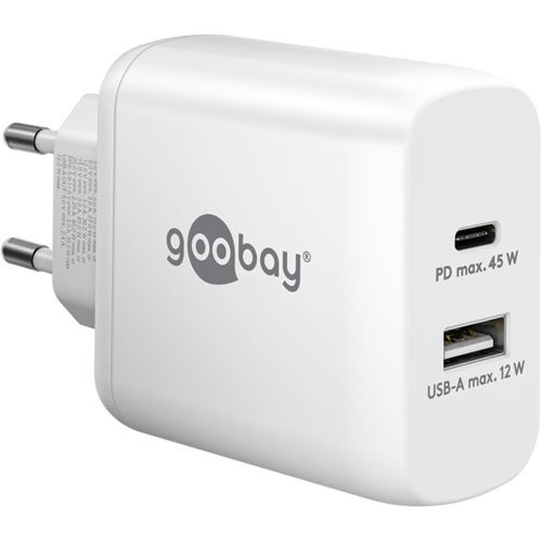 45W Goobay USB-C PD Dual-Schnellladegerät (weiß, 1x USB-A, 1x USB-C PD, GaN-Technologie)