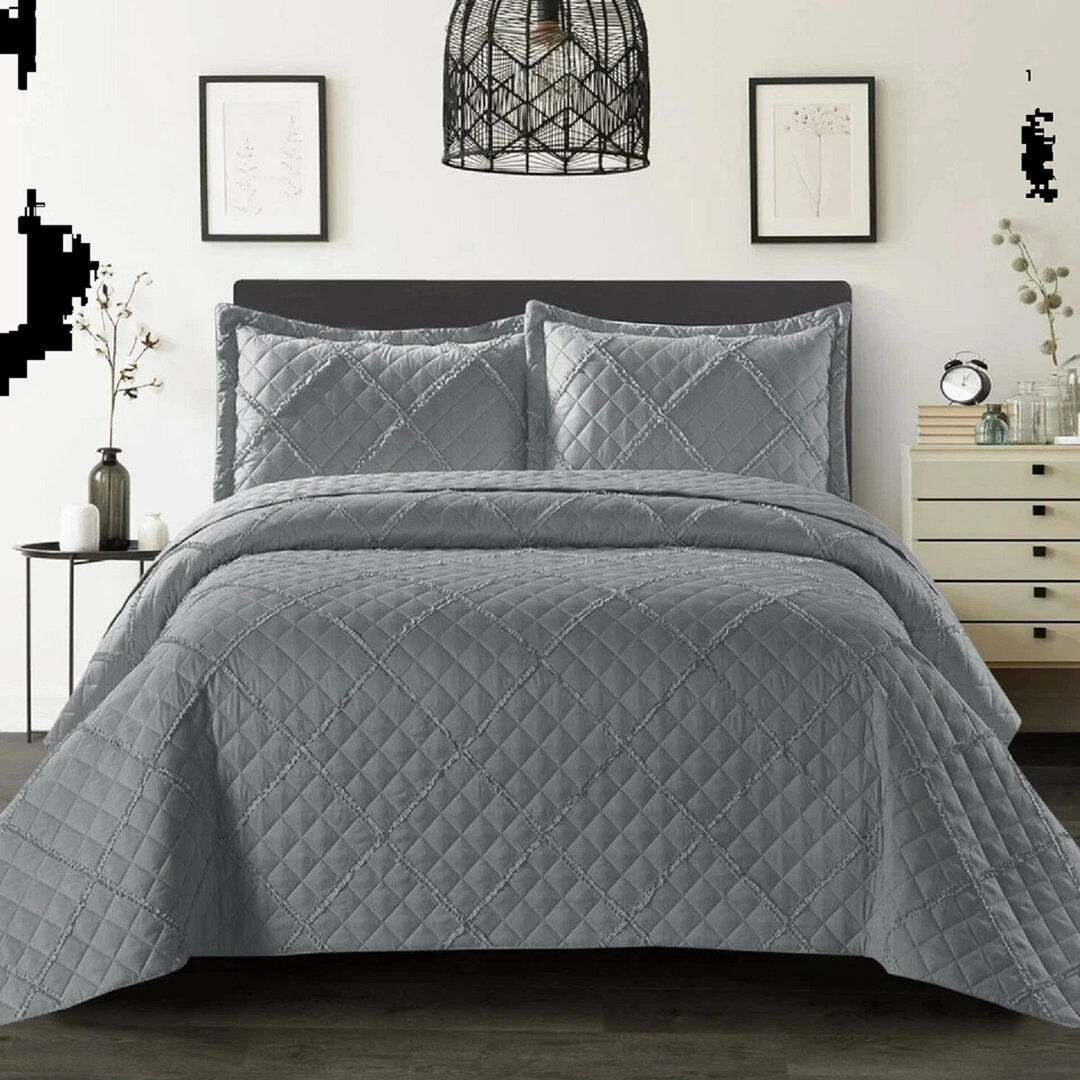 ZASH LONDON Luxury Quilted Modern Ruffle Bedspread Box Pattern Soft Comforter Bedding Set With Pillow Shams Grey Double