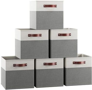 Ornavo Home Foldable Collapsible Storage Box Bins Linen Fabric Shelf Basket Cube Organizer with Leather Handles - Set of 6