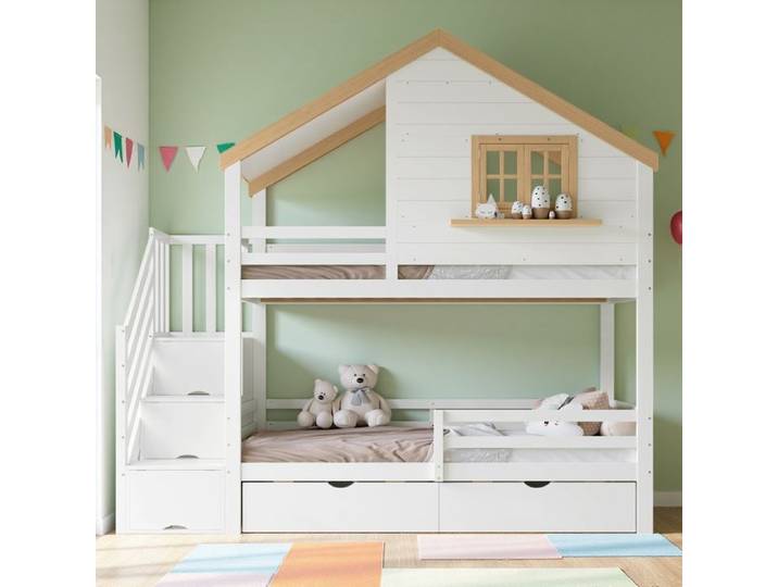 Lit superpose 90x200cm lit pour enfants avec protection anti-chute lit en forme de maison avec rangements blanc