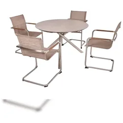 DELUKE Garten-Sitzgruppe HAKON 5-tlg. Edelstahl Kunststoff Sandbraun Gartenmöbel-Set Gartengarnitur Garten-Essgruppe mit Freischwingerstühlen A und Esstisch