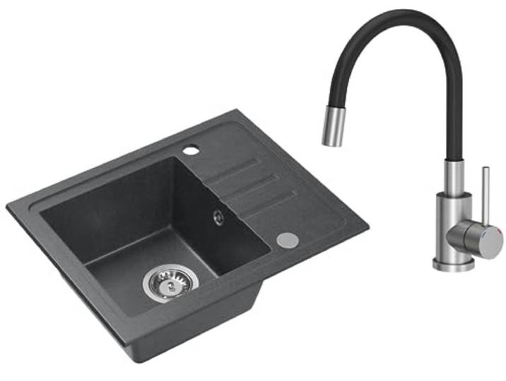 VBChome Granit Spülbecken Schwarz 55 x 44 cm – Einbauspüle Einzelbecken Reversibel Gesprenkelt inkl. Siphon & Armatur Schwarz – Küchenspüle Granit Waschbecken Set