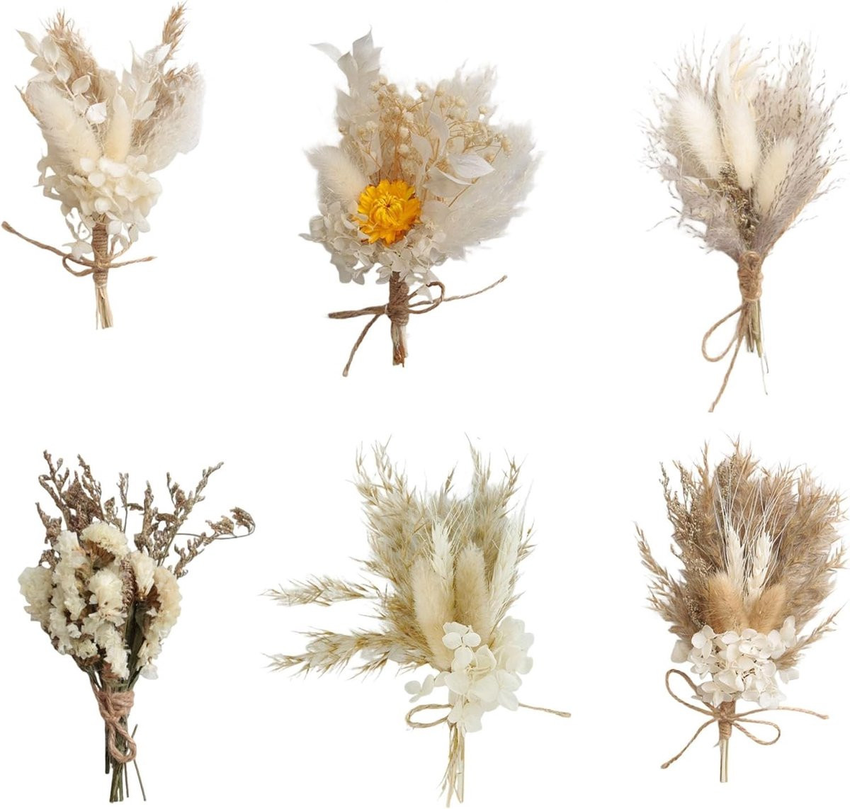 Set van 6 natuurlijke gedroogde mini bloemen boeketten van 25 cm voor decoratie en cadeau