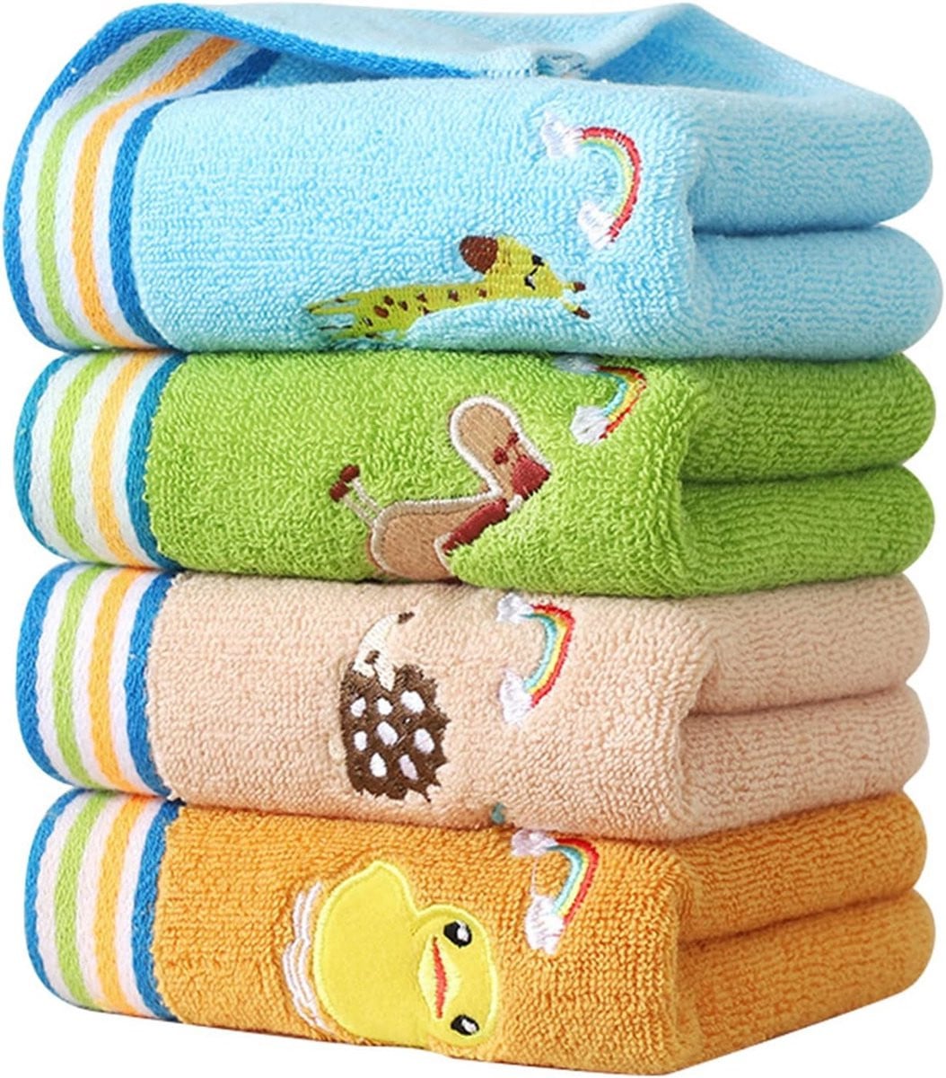 Set van 4 veelkleurige washandjes voor kinderen van 100% katoen