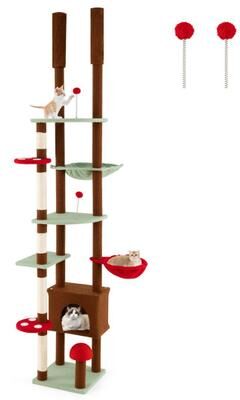 Costway Floor to Ceiling Cat Tree Adjustable Mushroom Themed with Condo and Hammock-Brown