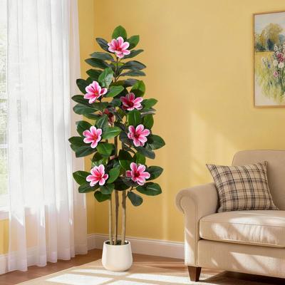 Garvee 6 Inch Artificial Magnolia Tree with Pot, Faux Flower Tree with White Magnolia Blooms and Green Leaves