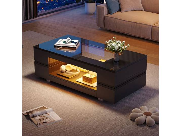 Table basse - FUNMOON - Funmoon - LED contrôlable via Bluetooth - Double plateau - Noir brillant 100x50x35 cm
