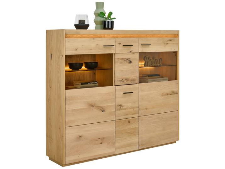 Linea Natura Highboard, Eichefarben, Glas, Holzwerkstoff, furniert, massiv, 6 Fächer, 153.8x133.5x37 cm, Beimöbel erhältlich, stehend, Kleinmöbel, Kommoden, Highboards
