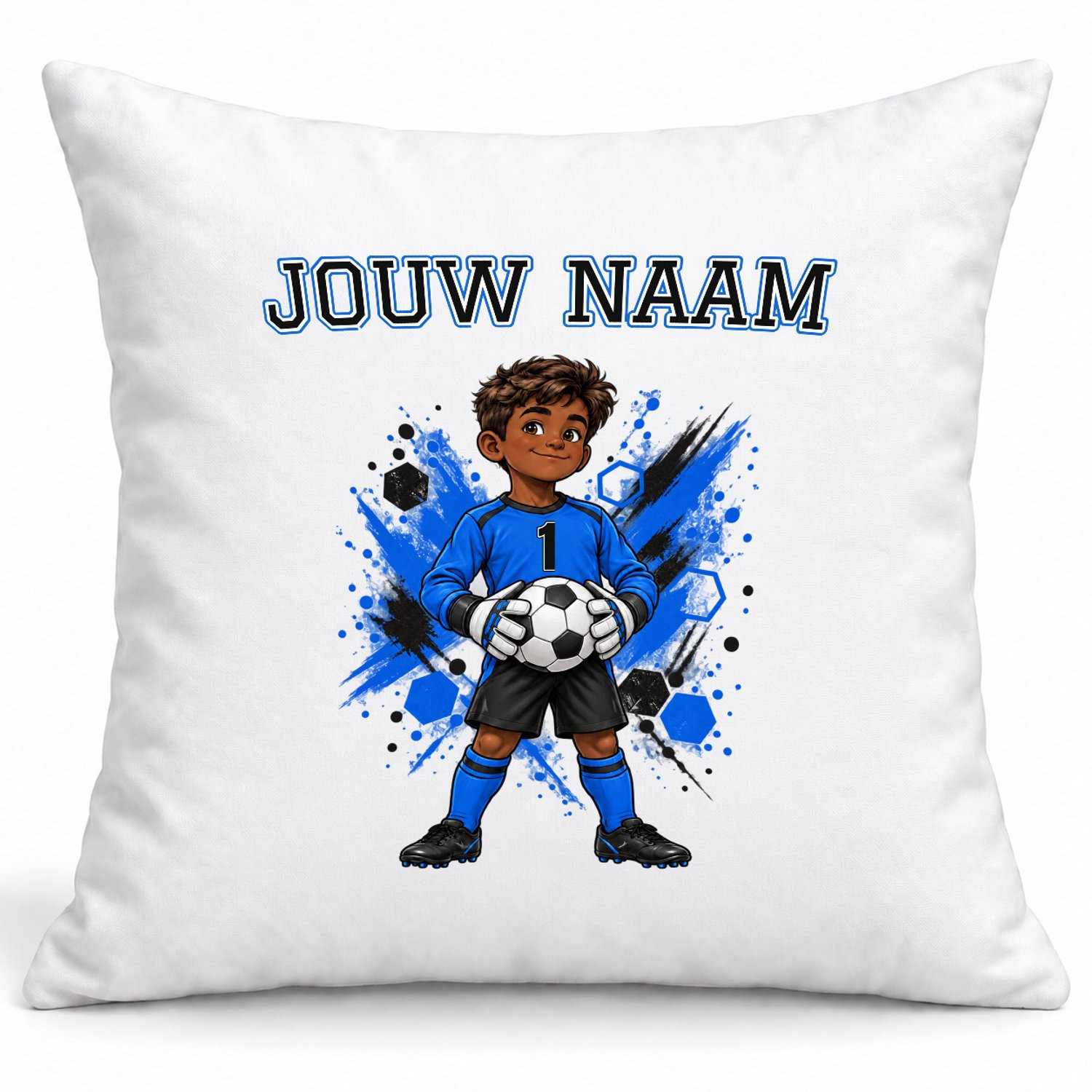 Gepersonaliseerd Voetbal Kussen met Naam en Nummer - Keeper Blauw - 40 x 40 cm