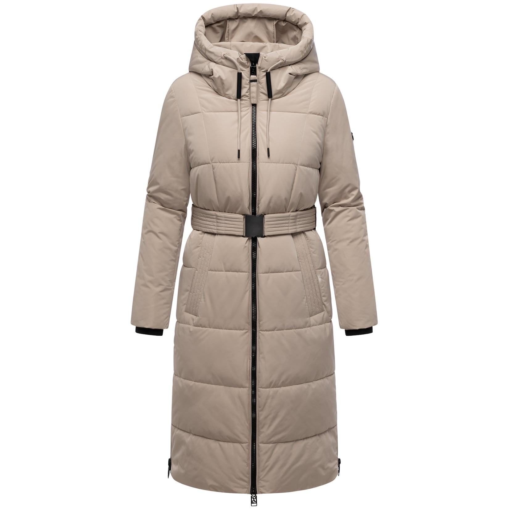 NAVAHOO Damen Steppmantel lang Wintermantel Parka Jacke wasserabweisend, Kapuze, Teddyfell, Kragen, Gürtel Herbstnebel