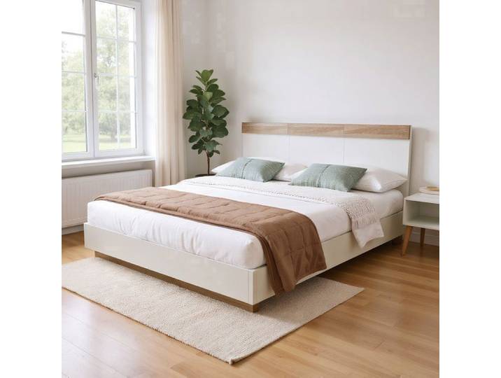 Lit double 180x200 cm EVRYAE - aspect suspendu sommier à lattes inclus sans Matelas - Blanc et chene Sonoma