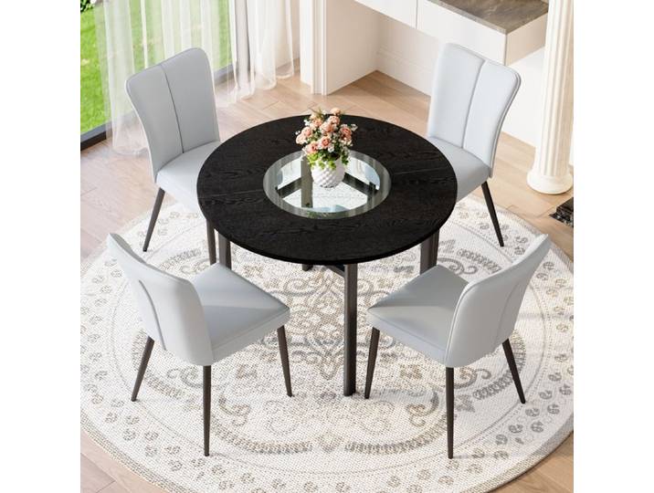 Ensemble de table ronde - Table ronde 100 cm - 4 fauteuils gris clair - Verre trempé - MDF noir