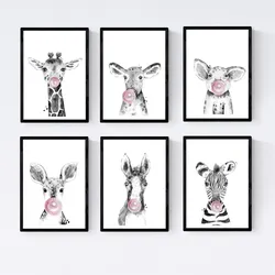 POSTER Set Mit 6 Tiere Babys Mit Kaugummi Zebra Schweinefleisch Giraffenwild Hirsch Kuhpferd A3 Rahmenlos
