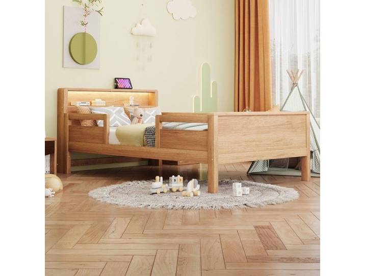 CollaHausse Lit Enfant Multifonction Pin Couleur Bois 90x200cm avec USB-C Lampe LED et Tête de Lit à Rangement