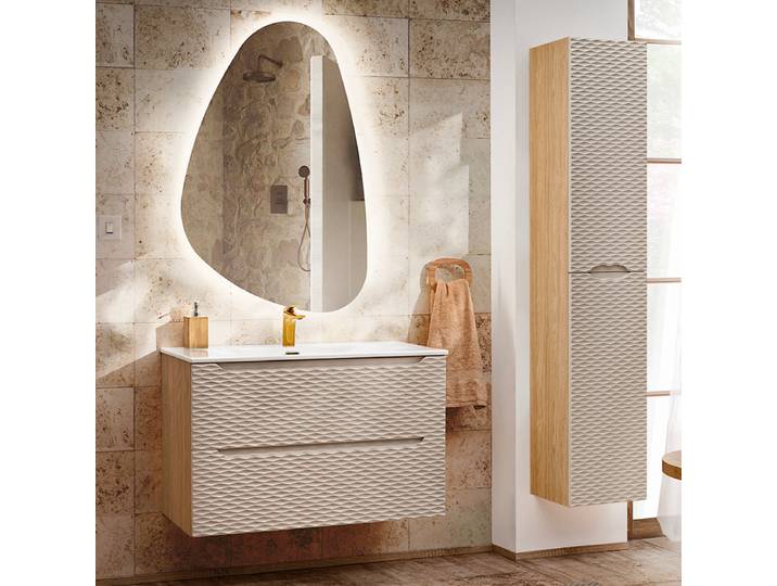 Ensemble meuble simple vasque encastrée 90cm et colonne Elora Beige et bois