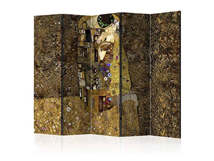 decomonkey Paravent Raumteiler Innen Klimt Kuss, 225x172 cm, 5-teilig Beidseitig, Wohnzimmer, Room Divider, Wall, Raumteiler Stehend, Trennwand, Sichtschutz, Spanische Wand, Sichtschutzwand, Holz