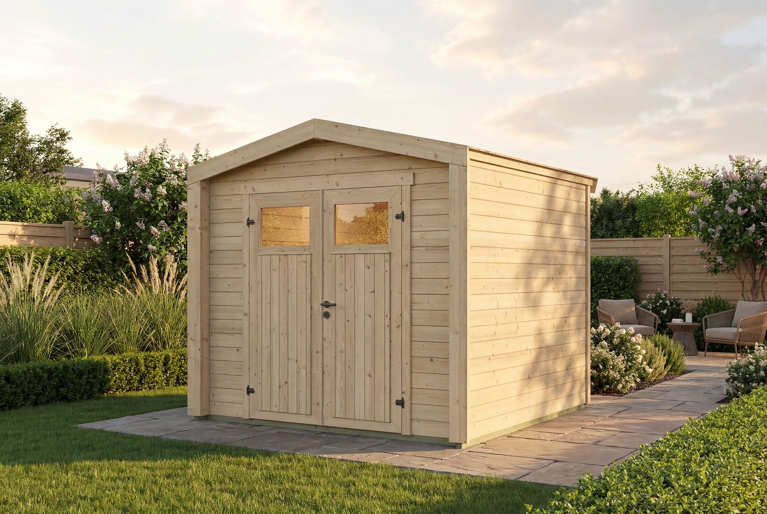 Gartenhaus WEKA "Killarney", beige (naturbelassen), ohne Fußboden, ohne Dacheindeckung, Massivholz, Gartenhäuser, Gartenhaus, Doppeltür, 1/4 verglast