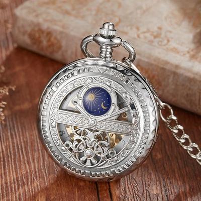 Uplift Treasures Mechanical Pocket Watch Star And Moon Phase Skeleton Design silver