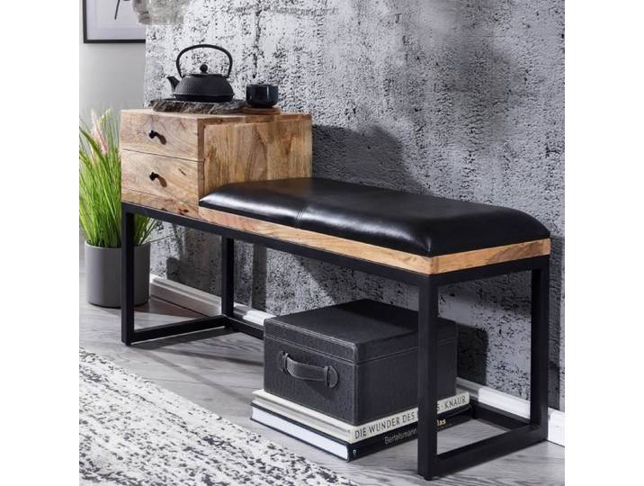 FineBuy Banc 100x35x60 cm Bois Massif Cuir Véritable Noir Tiroir