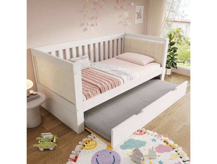 Lit Enfan 90x190 Cm Avec Lit Gigogne 90x190 Cm Accoudoirs Arrondis Pin Blanc