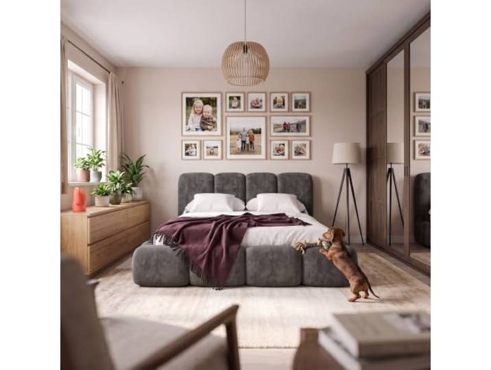 Muffo Polsterbett mit Bettkasten 140x200 Dunkelgrau Doppelbett, Stauraum, Metalllattenrost, Hebemechanismus, gepolstertes Kopfteil, Lumo, ohne Matratze