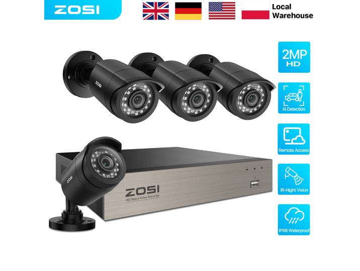 Kit de surveillance vidéo domestique ZOSI 1080P 8CH, DVR CCTV 8CH H.265+, caméra de sécurité filaire étanche 2MP pour extérieur avec vision nocturne