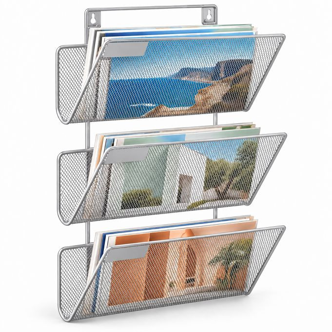 Relaxdays Tijdschriftenhouder van metaal met 3 vakken, Zilver