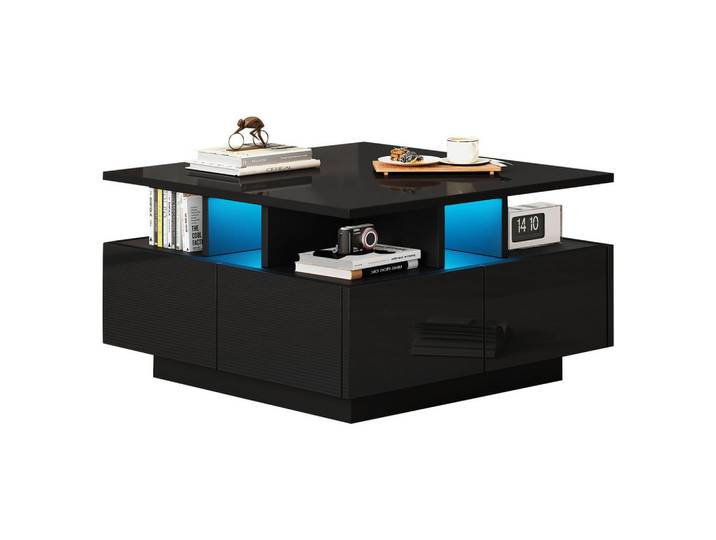 Flieks Couchtisch 70x70cm Schwarz Hochglanz LED 4 Schubladen Geometrisch 30kg Belastung, Holz, 49.61x20.32x52.07 cm, Wohnzimmer, Wohnzimmertische, Couchtische