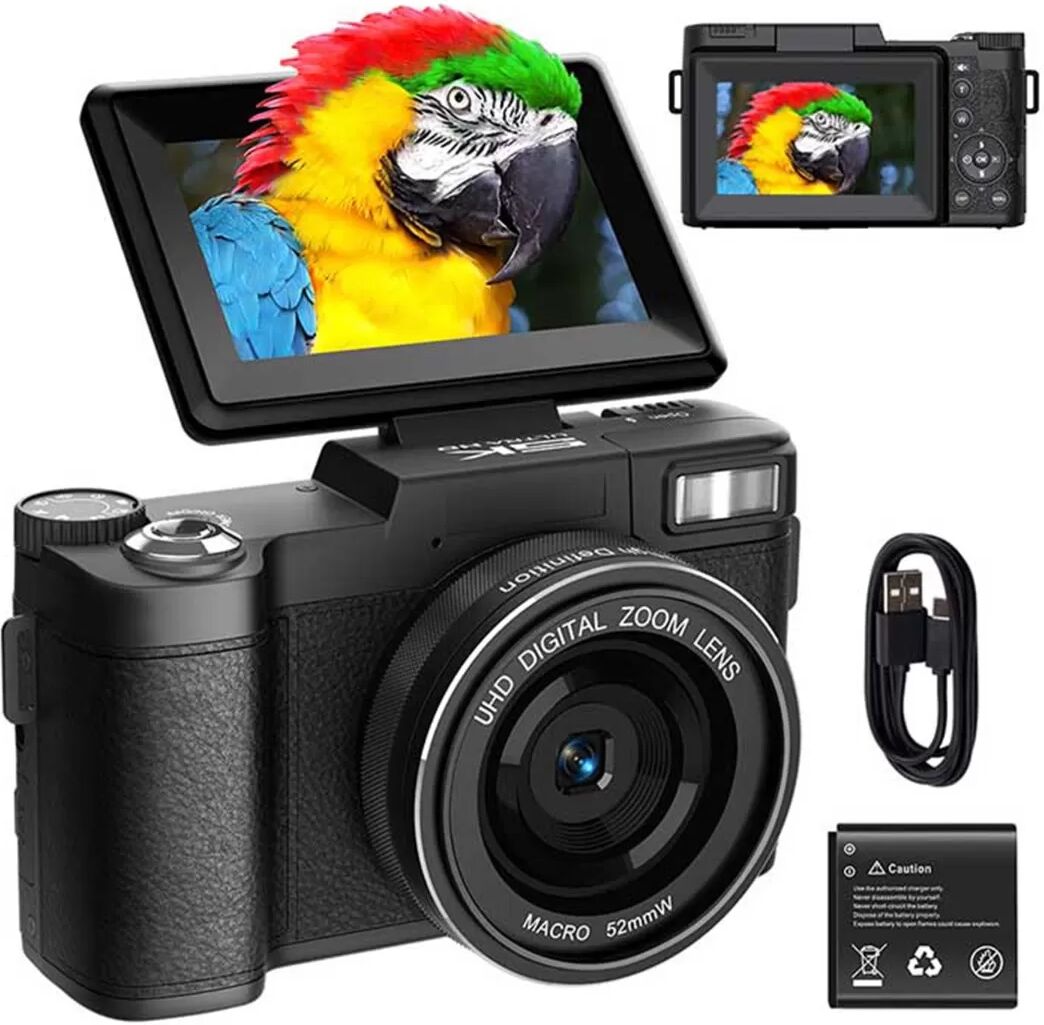 INF 5K Ultra HD 64MP WiFi Digitalkamera mit Klappbildschirm & Makroobjektiv Schwarz
