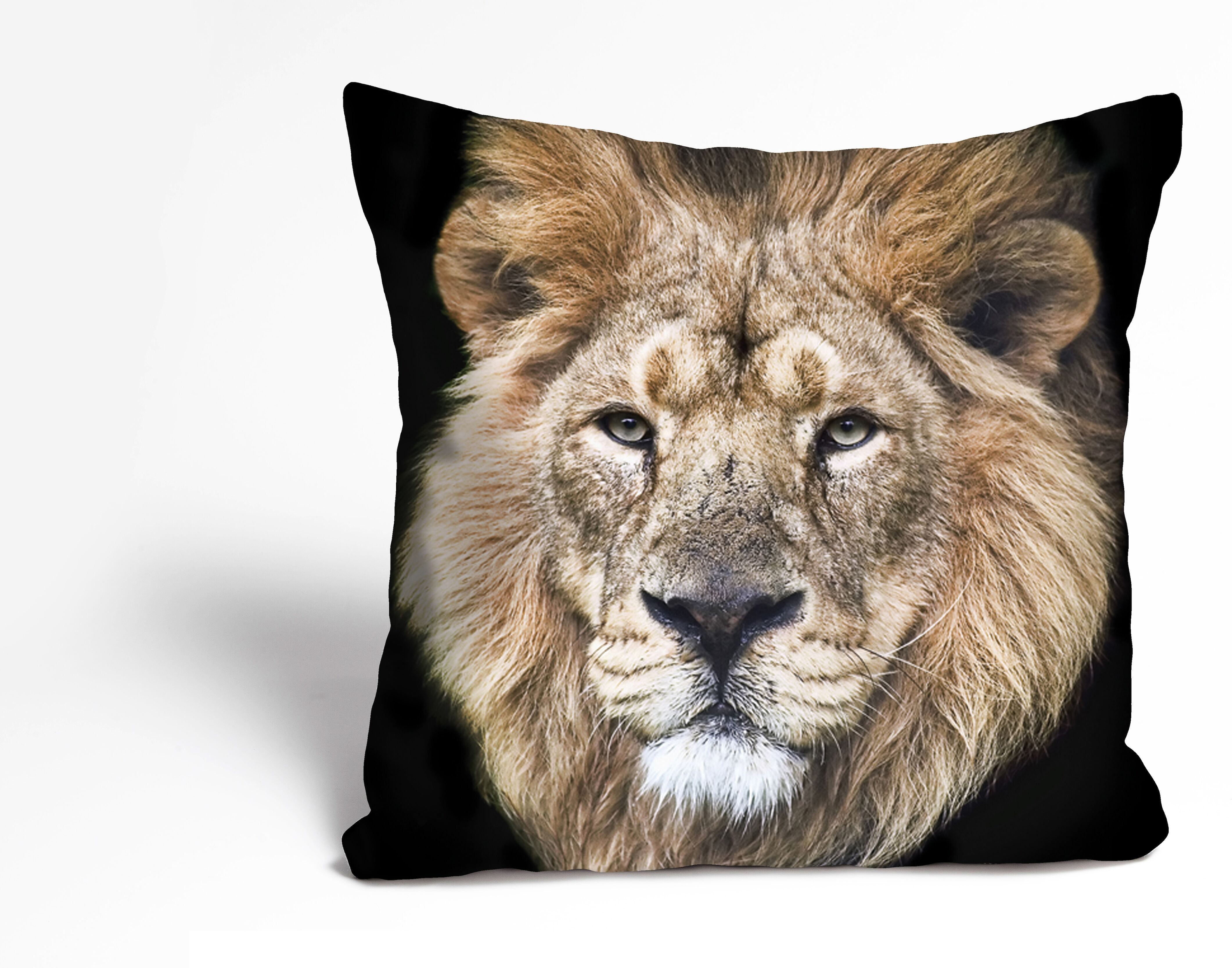Dekokissen QUEENCE "Frank", braun (braun, bedruckt), B:40cm L:40cm, Polyester, Dekokissen_Sitzkissen_Kissenhüllen, Dekokissen, Kissenhülle,Löwe,Tiermotiv,Wildtier,Majestätisch,Naturmotiv,Kraftvoll