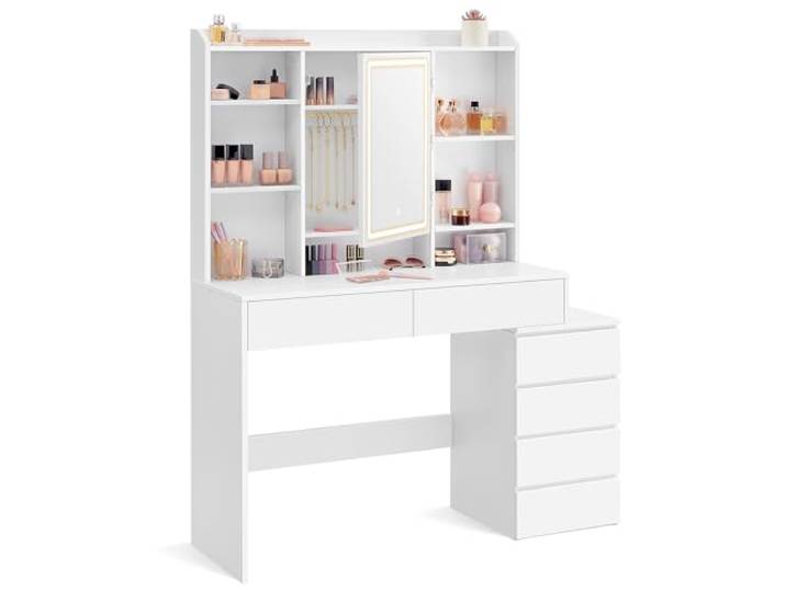 VASAGLE Coiffeuse avec Miroir LED\, Luminosité Réglable\, Table de Maquillage\, 40 x 118\,3 x 145 cm\, Compartiments Ouverts\, Étagères Réglables\, Moderne\, Blanc Nuage\, Kailyn Collection RDT624WB01